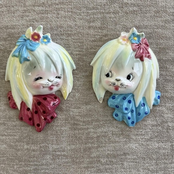 RARE HTF Vintage Lefton Mr. & Mrs. Toodles Maltese Wall Pockets - Picture 2 of 12